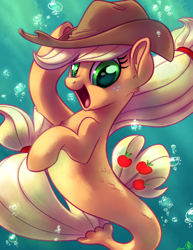Size: 2550x3300 | Tagged: safe, artist:whitediamonds, derpibooru import, applejack, earth pony, seapony (g4), g4, my little pony: the movie, applejack's hat, blue background, bubble, chest fluff, clothes, commission, cowboy hat, crepuscular rays, cute, digital art, dorsal fin, ear fluff, ears, eyelashes, female, fin, fish tail, flowing mane, flowing tail, freckles, green eyes, happy, hat, high res, jackabetes, leg fluff, looking at you, mare, ocean, open mouth, open smile, scales, seaponified, seapony applejack, signature, simple background, smiling, smiling at you, solo, species swap, sunlight, swimming, tail, underwater, water, yellow mane, yellow tail