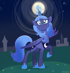Size: 2254x2352 | Tagged: safe, artist:pfeffaroo, derpibooru import, princess luna, alicorn, pony, g4, concave belly, female, folded wings, full moon, glowing, glowing horn, high res, hoof shoes, horn, large wings, magic, magic aura, mare, moon, night, night sky, outdoors, peytral, princess shoes, quadrupedal, raised hoof, raised leg, raising the moon, s1 luna, sky, slender, solo, standing, thin, wings