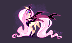 Size: 4000x2400 | Tagged: safe, artist:janegumball, derpibooru import, fluttershy, bat pony, pony, g4, abstract background, alternate cutie mark, alternate design, alternate eye color, alternate universe, armor, bags under eyes, bat ponified, bite mark, blue sclera, colored eyelashes, colored pupils, colored sclera, colored wings, eternal night au (janegumball), ethereal mane, ethereal tail, fangs, female, flutterbat, frown, helmet, high res, large wings, long legs, long mane, long neck, long tail, mare, narrowed eyes, nightmare fluttershy, nightmare takeover timeline, nightmarified, partially open wings, peytral, pink eyes, pink mane, pink tail, profile, race swap, signature, slit eyes, solo, standing, tail, tall ears, tallershy, teal sclera, thin legs, two toned wings, wavy mane, wavy tail, wings, yellow coat