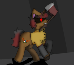 Size: 1440x1266 | Tagged: safe, artist:sp3ctrum-ii, artist:thomas.senko, derpibooru import, oc, oc only, oc:paul, pony, unicorn, axe, black hair, bunny ears, clothes, horn, male, red hair, smiling, solo, stallion, weapon