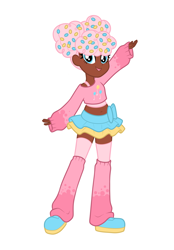 Size: 1640x2360 | Tagged: safe, artist:dreamscreep, derpibooru import, pinkie pie, human, equestria girls, g4, bangs, blue eyes, clothes, curly hair, food, humanized, leg warmers, miniskirt, pigtails, pink hair, redesign, shoes, short shirt, simple background, skirt, sneakers, solo, sprinkles, sweater, thigh socks, tutu, white background