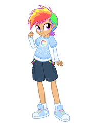 Size: 1640x2360 | Tagged: safe, artist:dreamscreep, derpibooru import, rainbow dash, human, equestria girls, g4, bandaid, bandaid on nose, cargo shorts, clothes, converse, ear piercing, earring, eyebrow piercing, humanized, jewelry, multicolored hair, piercing, ponytail, rainbow hair, redesign, shirt, shoes, shorts, simple background, sneakers, socks, solo, t-shirt, tomboy, white background