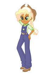Size: 1640x2360 | Tagged: safe, artist:dreamscreep, derpibooru import, applejack, human, equestria girls, g4, belt, blonde, blonde hair, boots, braid, braided ponytail, clothes, cowboy hat, curly hair, freckles, hat, humanized, overalls, ponytail, redesign, shirt, shoes, simple background, solo, white background