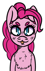 Size: 555x873 | Tagged: safe, alternate version, artist:lazerblues, derpibooru import, pinkie pie, earth pony, pony, g4, blushing, chest fluff, looking at you, simple background, solo, tongue, tongue out, transparent background