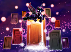Size: 3253x2384 | Tagged: safe, artist:harwick, derpibooru import, tantabus, oc, oc:moondog, alicorn, fanfic:how the tantabus parses sleep, g4, commission, door, dream doors, dreamscape, fanfic art, high res, looking at you, solo, spread wings, wings