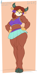 Size: 2250x4500 | Tagged: safe, artist:azuretto, derpibooru import, yona, anthro, unguligrade anthro, yak, g4, abs, breasts, cheerleader, cheerleader outfit, clothes, cloven hooves, female, grin, hand on hip, high res, muscles, muscular female, smiling, solo, wip