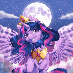 Size: 1920x1920 | Tagged: safe, artist:mrnbgreenart, derpibooru import, twilight sparkle, twilight sparkle (alicorn), alicorn, pony, g4, crown, female, full moon, grin, jewelry, looking at you, mare, moon, night, peytral, regalia, smiling, smiling at you, solo, spread wings, wings