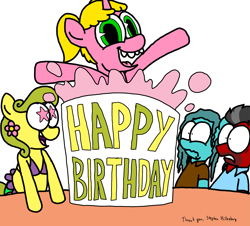 Size: 3351x3023 | Tagged: safe, artist:professorventurer, derpibooru import, oc, oc only, oc:bikini breeze, oc:claire annette, oc:mr. hooves, oc:pattycake, 25th anniversary, birthday cake, cake, food, grossed out, in memoriam, mr. krabs, popping out of a cake, simple background, special thanks, spongebob squarepants, white background