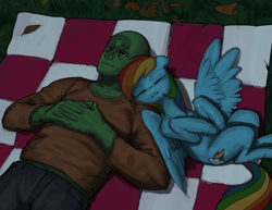 Size: 1200x927 | Tagged: safe, artist:redruin01, derpibooru import, rainbow dash, oc, oc:anon, human, pegasus, pony, g4, duo, duo male and female, female, lying down, male, mare, open mouth, picnic blanket, sleeping