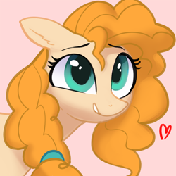 Size: 1000x1000 | Tagged: safe, artist:redruin01, derpibooru import, pear butter, earth pony, pony, g4, bust, female, floating heart, heart, mare, pink background, simple background, solo