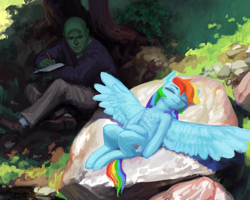 Size: 2000x1600 | Tagged: safe, artist:redruin01, derpibooru import, rainbow dash, oc, oc:anon, human, pegasus, pony, g4, chest fluff, drawing, duo, duo male and female, eyes closed, female, human shoulders, lying down, male, mare, notebook, on back, sitting, sleeping, spread wings, sunbathing, wings