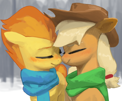 Size: 2424x2000 | Tagged: safe, artist:redruin01, derpibooru import, applejack, spitfire, earth pony, pegasus, pony, g4, applefire, applejack's hat, blushing, clothes, cowboy hat, duo, duo female, female, hat, lesbian, nose to nose, scarf, shipping, snow, winter