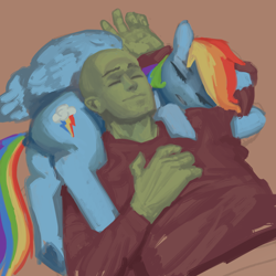 Size: 2000x2000 | Tagged: safe, artist:redruin01, derpibooru import, rainbow dash, oc, oc:anon, human, pegasus, pony, g4, clothes, duo, duo male and female, female, lying down, male, mare, sleeping