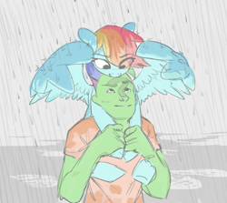 Size: 2000x1782 | Tagged: safe, artist:redruin01, derpibooru import, rainbow dash, oc, oc:anon, human, pegasus, pony, g4, cute, duo, duo male and female, female, male, mare, piggyback ride, rain, wing shelter, wings
