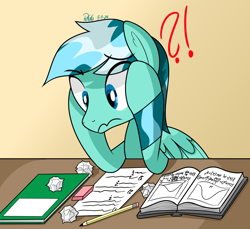 Size: 2000x1833 | Tagged: safe, artist:notadeliciouspotato, derpibooru import, oc, oc only, oc:wavewind, pegasus, pony, g4, book, confused, exclamation point, gradient background, interrobang, male, notebook, pencil, question mark, signature, solo, stallion, table