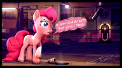 Size: 3840x2160 | Tagged: safe, artist:monarchy01, derpibooru import, pinkie pie, earth pony, pony, g4, 3d, coffee, cross-popping veins, dialogue, drink, emanata, jukebox, microphone, solo, speech bubble, spilled drink, unshorn fetlocks