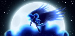 Size: 8893x4380 | Tagged: safe, artist:ihmislehma, derpibooru import, princess luna, alicorn, pony, g4, colored, concave belly, ethereal mane, ethereal tail, female, flying, head turn, impossibly large wings, impossibly long tail, large wings, lighting, long mane, long tail, mare, moon, princess, shading, signature, slender, solo, spread wings, stars, tail, tall, thin, wings