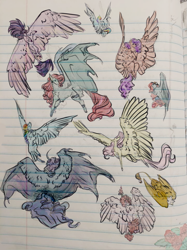 Size: 953x1274 | Tagged: safe, artist:penrosa, derpibooru import, fluttershy, gilda, rainbow dash, twilight sparkle, twilight sparkle (alicorn), oc, alicorn, bat pony, bat pony alicorn, griffon, pony, g4, bat wings, chest fluff, colored sketch, curved horn, female, horn, lined paper, mare, sketch, sketch dump, spread wings, study, traditional art, unshorn fetlocks, wings