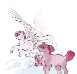 Size: 1581x1535 | Tagged: safe, artist:penrosa, derpibooru import, oc, oc only, pegasus, pony, chest fluff, duo, eye clipping through hair, eyebrows, eyebrows visible through hair, female, flying, mare, spread wings, unshorn fetlocks, wings