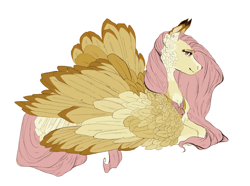 Size: 1249x931 | Tagged: safe, artist:penrosa, derpibooru import, fluttershy, pegasus, pony, g4, alternate design, female, lying down, mare, peytral, prone, simple background, solo, white background