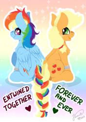 Size: 1920x2716 | Tagged: safe, artist:julunis14, derpibooru import, applejack, rainbow dash, earth pony, pegasus, pony, g4, applebutt, appledash, back to back, braid, braided tail, butt, cute, dashabetes, duo, duo female, female, gradient background, heart, intertwined tails, jackabetes, lesbian, looking at each other, looking at someone, looking back, mare, married couple, no outlines, open mouth, open smile, plot, rainbow background, rainbutt dash, shipping, signature, sitting, smiling, sparkly background, tail, text, wedding band