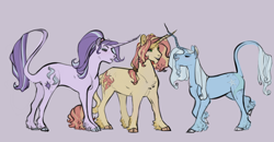 Size: 1920x997 | Tagged: safe, artist:penrosa, derpibooru import, starlight glimmer, sunset shimmer, trixie, classical unicorn, pony, unicorn, g4, chest fluff, cloven hooves, curved horn, facial hair, female, goatee, horn, leonine tail, mare, simple background, trio, unshorn fetlocks