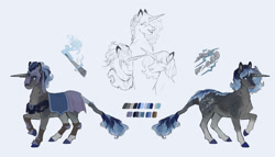 Size: 1184x675 | Tagged: safe, artist:penrosa, derpibooru import, oc, oc only, oc:nebulous night, pony, unicorn, armor, commission, female, helmet, horn, magic, mare, peytral, reference sheet, simple background, solo