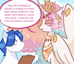 Size: 2048x1786 | Tagged: safe, artist:clarissasbakery, derpibooru import, princess celestia, alicorn, earth pony, pony, g4, alternate design, clipboard, colored sclera, crown, dialogue, duo, duo male and female, eye clipping through hair, eyes do not belong there, female, implied drug use, jewelry, male, mare, master chief and luna hanging out, meme, multiple eyes, regalia, speech bubble, wing eyes, yellow sclera