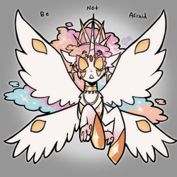 Size: 2048x2048 | Tagged: safe, artist:clarissasbakery, derpibooru import, princess celestia, alicorn, angel, pony, g4, alternate design, be not afraid, biblically accurate angels, blank eyes, colored sclera, crown, eyes do not belong there, female, gradient background, jewelry, looking at you, mare, multiple eyes, multiple wings, regalia, solo, spread wings, talking to viewer, wing eyes, wings, yellow sclera