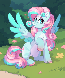 Size: 2086x2480 | Tagged: safe, artist:skysorbett, derpibooru import, oc, oc only, pegasus, pony, bush, coat markings, commission, cute, female, flower, grass, looking at you, mare, ocbetes, pegasus oc, raised hoof, raised leg, sitting, smiling, smiling at you, solo, spread wings, wings