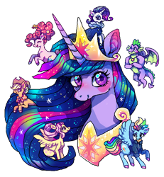Size: 600x650 | Tagged: safe, artist:suippumato, derpibooru import, applejack, fluttershy, pinkie pie, princess twilight 2.0, rainbow dash, rarity, spike, twilight sparkle, twilight sparkle (alicorn), alicorn, dragon, earth pony, pegasus, pony, unicorn, g4, blush sticker, blushing, bust, clothes, eyes closed, female, gigachad spike, granny smith's shawl, horn, looking at you, male, mane seven, mane six, mare, older, older applejack, older fluttershy, older mane seven, older mane six, older pinkie pie, older rainbow dash, older rarity, older spike, older twilight, older twilight sparkle (alicorn), open mouth, open smile, rearing, scarf, simple background, smiling, smiling at you, spread wings, transparent background, winged spike, wings