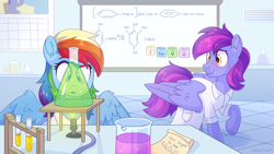 Size: 2560x1440 | Tagged: safe, artist:skysorbett, derpibooru import, rainbow dash, oc, oc:sea wave, pegasus, pony, g4, chemistry, clothes, duo, duo male and female, female, flask, formula, indoors, lab coat, laboratory, looking at someone, male, mare, open mouth, partially open wings, pegasus oc, raised hoof, raised leg, science, stallion, table, test tube, wings