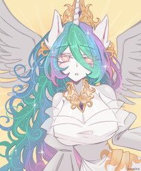 Size: 3300x4000 | Tagged: safe, artist:hinorica, derpibooru import, princess celestia, alicorn, anthro, g4, bare shoulders, big breasts, breasts, cleavage, clothes, cutie mark eyes, dress, eye clipping through hair, eyebrows, eyebrows visible through hair, female, high res, huge breasts, looking at you, mare, princess breastia, simple background, solo, spread wings, wingding eyes, wings, yellow background
