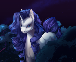 Size: 2127x1732 | Tagged: safe, artist:chayfurry, derpibooru import, rarity, pony, unicorn, g4, blue eyes, blue mane, blue tail, cloud, curly hair, curly mane, curly tail, digital art, eyelashes, female, forest, high res, horn, lidded eyes, looking at you, mare, moonlight, nature, night, signature, sky, smiling, smiling at you, solo, stars, tail, tree, walking
