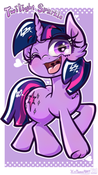 Size: 2250x4000 | Tagged: safe, artist:phoenixrk49, derpibooru import, twilight sparkle, unicorn twilight, pony, unicorn, g4, butt, eyebrows, eyebrows visible through hair, female, heart, high res, large butt, looking at you, mare, name, one eye closed, open mouth, open smile, passepartout, purple background, signature, simple background, smiling, smiling at you, solo, tongue, tongue out, twibutt, wink, winking at you
