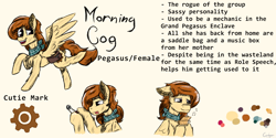 Size: 1800x900 | Tagged: safe, artist:gotyx96, derpibooru import, oc, oc only, oc:morning cog, pegasus, pony, fallout equestria, bandana, bust, chest fluff, cutie mark, ear fluff, ears, female, folded wings, lockpicking, mare, music box, music notes, orange mane, pegasus oc, purple eyes, reference sheet, solo, spread wings, wings, yellow coat