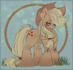 Size: 900x872 | Tagged: safe, artist:xijoh_, derpibooru import, applejack, earth pony, pony, g4, abstract background, applejack's hat, bandaid, clothes, cowboy hat, female, hat, mare, solo, straw in mouth, unshorn fetlocks