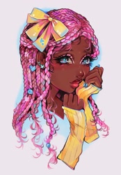 Size: 1276x1831 | Tagged: safe, artist:anniebunie, derpibooru import, fluttershy, human, g4, arm warmers, bow, braid, bust, clothes, dark skin, ear piercing, earring, female, hair bow, humanized, jewelry, piercing, simple background, solo, white background