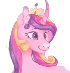 Size: 755x780 | Tagged: safe, artist:pasteljesterz, derpibooru import, princess cadance, alicorn, pony, g4, bust, curved horn, cute, cutedance, female, horn, jewelry, mare, regalia, simple background, smiling, solo, white background