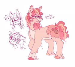Size: 2048x1822 | Tagged: safe, artist:pasteljesterz, derpibooru import, oc, oc only, oc:candy heart, earth pony, pony, chest fluff, ear fluff, ears, exclamation point, female, glasses, interrobang, mare, question mark, simple background, solo, unshorn fetlocks, white background, wip