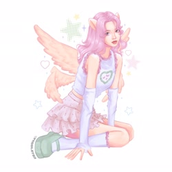 Size: 2048x2048 | Tagged: safe, artist:paddle_teaa, derpibooru import, fluttershy, human, g4, abstract background, arm warmers, clothes, female, humanized, looking at you, multiple wings, sitting, skirt, solo, tanktop, winged humanization, wings