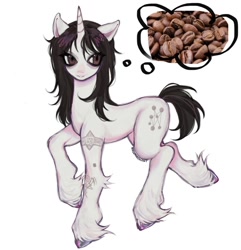 Size: 1080x1122 | Tagged: safe, artist:bioluminescentfarts, derpibooru import, oc, oc only, pony, unicorn, coffee beans, horn, simple background, solo, thought bubble, unshorn fetlocks, white background