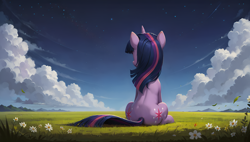 Size: 3840x2176 | Tagged: safe, ai content, derpibooru import, generator:stable diffusion, machine learning generated, twilight sparkle, unicorn twilight, pony, unicorn, g4, cloud, facing away, female, flower, generator:autismmix confetti, grass, grass field, high res, horn, looking away, mare, prompter:truekry, sitting, sky, solo, wallpaper, wind
