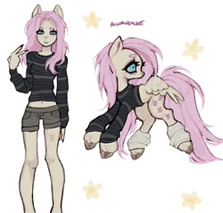 Size: 1080x1032 | Tagged: safe, artist:bioluminescentfarts, derpibooru import, fluttershy, anthro, pegasus, pony, g4, abstract background, belly button, clothes, female, leg warmers, mare, self paradox, self ponidox, shorts, solo, sweater, unshorn fetlocks