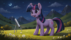 Size: 3840x2176 | Tagged: safe, ai content, derpibooru import, generator:stable diffusion, machine learning generated, twilight sparkle, unicorn twilight, pony, unicorn, g4, female, filly, foal, generator:autismmix confetti, grass, grass field, high res, horn, moon, night, prompter:truekry, solo, stars, telescope, wallpaper