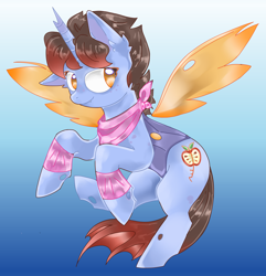 Size: 2080x2161 | Tagged: safe, artist:scarlet_dove, derpibooru import, oc, oc only, oc:key ti, changeling, hybrid, pony, bandana, changeling hybrid, ear fluff, ears, female, freckles, front view, gradient background, horn, insect wings, key, mare, solo, transparent wings, two toned hair, wings
