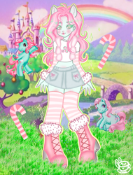 Size: 1024x1344 | Tagged: safe, artist:minttea030, derpibooru import, minty, earth pony, pony, equestria girls, g3, g4, blushing, boots, candy, candy cane, clothes, equestria girls-ified, female, food, mare, midriff, nail polish, ponied up, shirt, shoes, skirt, socks, solo, stockings, striped socks, thigh highs