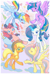 Size: 1983x2913 | Tagged: safe, artist:树妖, derpibooru import, applejack, fluttershy, pinkie pie, rainbow dash, rarity, twilight sparkle, twilight sparkle (alicorn), alicorn, earth pony, pegasus, pony, unicorn, g4, birthday cake, cake, concave belly, eyes closed, female, food, hat, horn, magic, mane six, mare, open mouth, party cannon, party hat