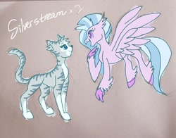Size: 1530x1200 | Tagged: safe, artist:wimple, derpibooru import, silverstream, cat, hippogriff, g4, crossover, duo, facing each other, female, flying, namesake, pun, silverstream (warriors), visual pun, warrior cats