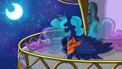 Size: 3840x2160 | Tagged: safe, artist:creatorworld, artist:liquorice_sweet, derpibooru import, princess luna, oc, oc:fireheart(fire), alicorn, hybrid, pegabat, g4, blanket, canon x oc, cute, duo, duo male and female, female, foal, male, mother and child, mother and son, night, parent and child, stars, wholesome